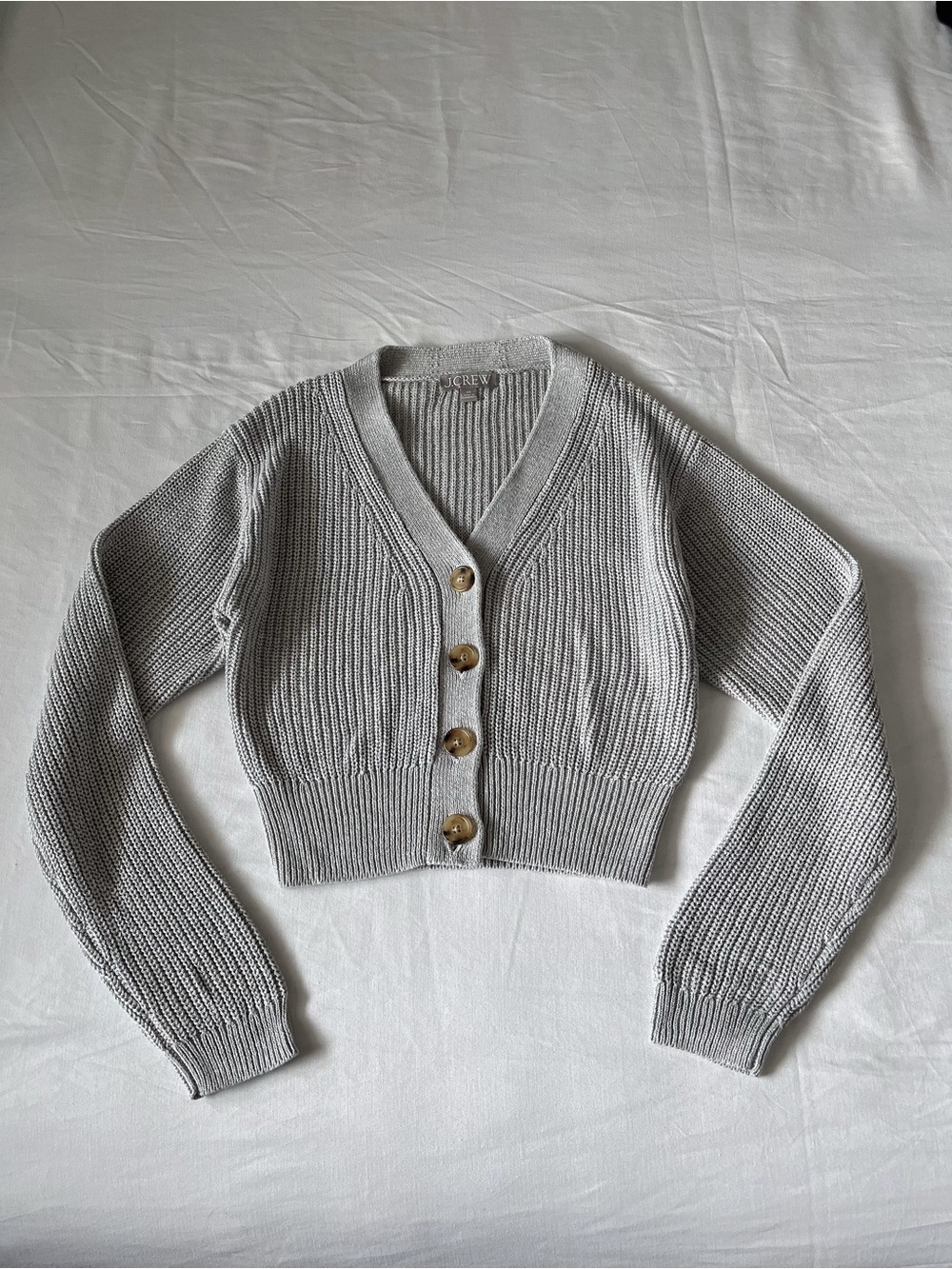 J. Crew Light Gray Cotton Cashmere Ribbed V-Neck Button Cardigan